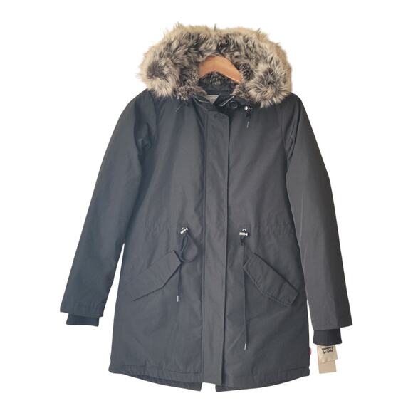 Levi's Black Arctic Cloth Shortie Parka Jacket with Faux Fur Hood Women's XS NWT - Picture 1 of 15